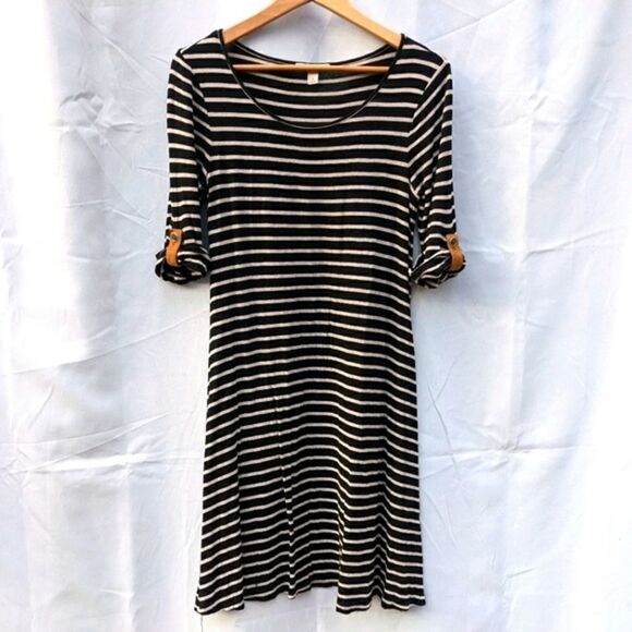 Dress Barn striped 1/2 half sleeve dress black and grey gray midi summer spring - Picture 1 of 8